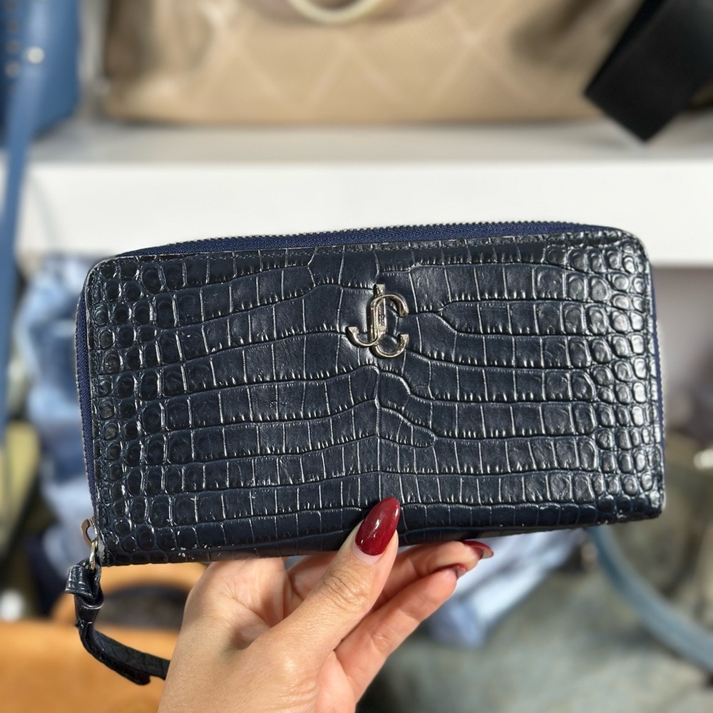 Jimmy Choo Navy Embossed Croc Zippy Wallet